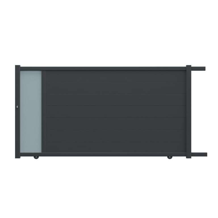 Portail coulissant aluminium gris anthracite à lames horizontales de 20cm et partie vitrée