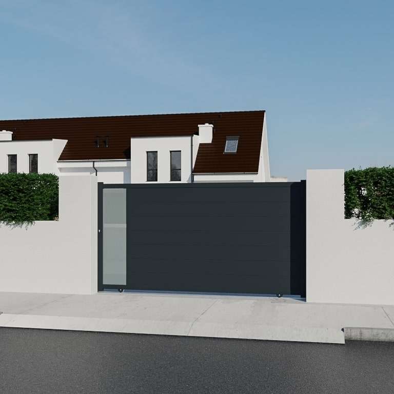Portail coulissant aluminium gris anthracite à lames horizontales de 20cm et partie vitrée vue depuis l'extérieur