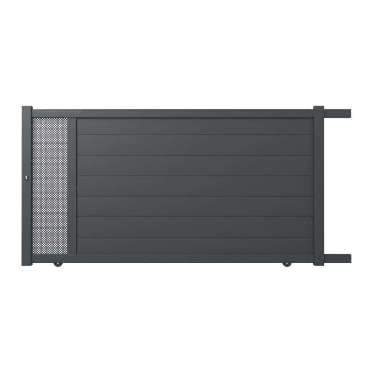 Portail aluminium battant sur mesure gris 7016 avec décor au centre