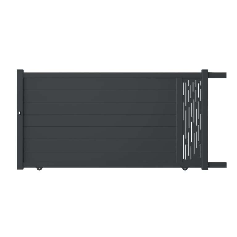 Portail aluminium coulissant sur mesure gris 7016 avec décor d'un coté