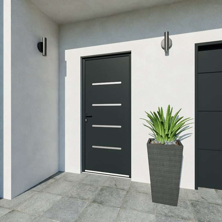 Porte d'entrée acier 1 vantail sur mesure gris 7016 avec 4 profils de décor vue depuis l'extérieur