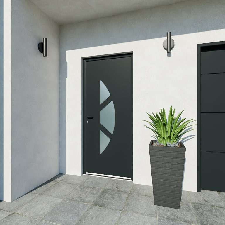 Porte d'entrée acier 1 vantail sur mesure gris 7016 avec 3 parties vitrées au centre vue depuis l'extérieur