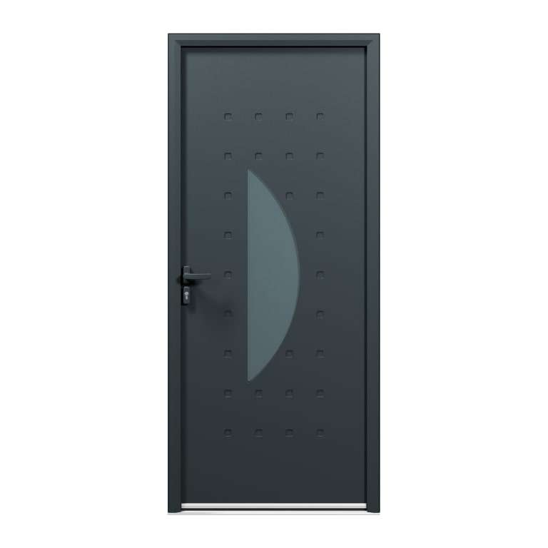Porte d'entrée acier 1 vantail sur mesure gris 7016 avec une partie vitrée au centre et moulures extérieures