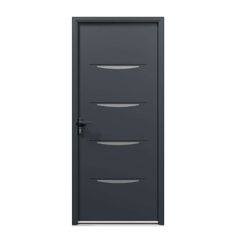 Porte d'entrée acier 1 vantail sur mesure gris 7016 avec moulures extérieures