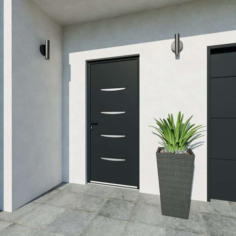 Porte d'entrée acier 1 vantail sur mesure gris 7016 avec moulures extérieures vue depuis l'extérieur